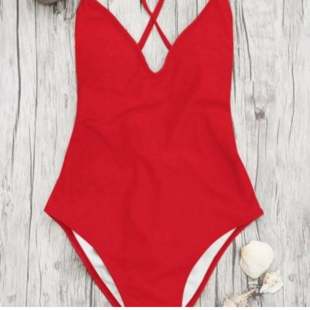 Red One piece bathing suit, scrunch bum